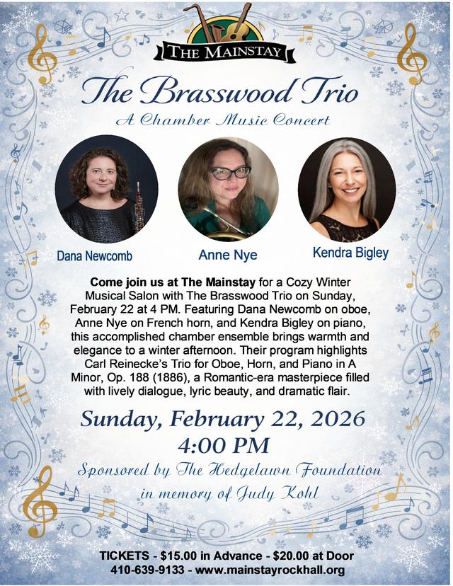 CLASSICAL MUSIC SERIES -CHAMBER MUSIC – THE BRASSWOOD TRIO<br>4pm<br>$15