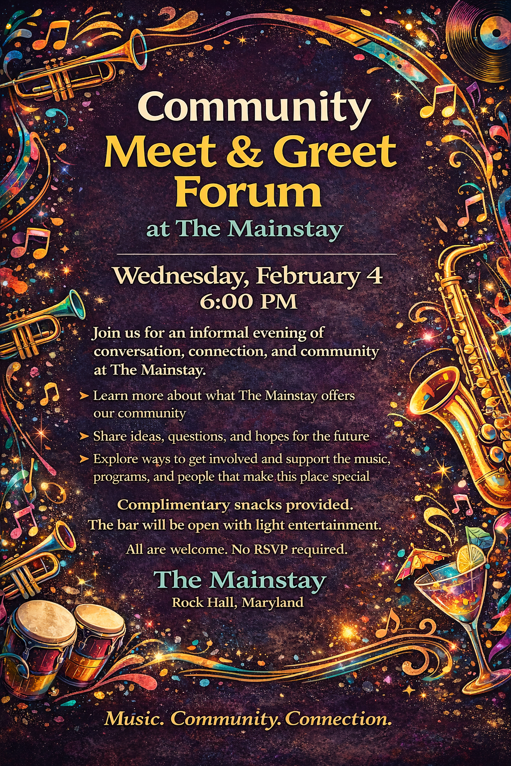 Community Meet & Greet Forum<br>6pm<br>An informal evening of conversation, connection and community